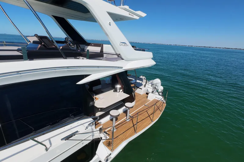 Benellie II Yacht Photos Pics 2022 Galeon 500 Fly yacht on serene blue waters, showcasing sleek design and luxury.