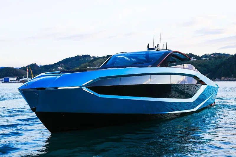  Yacht Photos Pics Luxury Tecnomar Lamborghini 63 yacht, 2026 model, sleek design on open water.