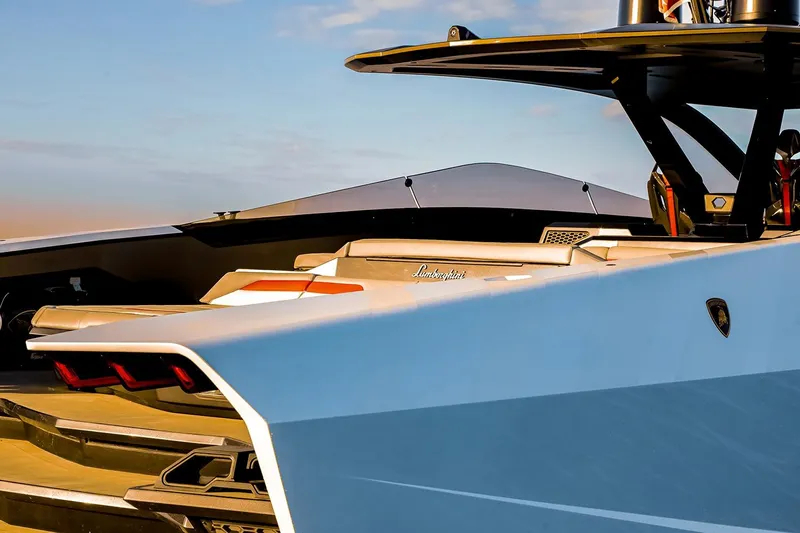  Yacht Photos Pics 2026 Tecnomar Lamborghini 63 yacht, sleek design, luxury features, sunset backdrop.