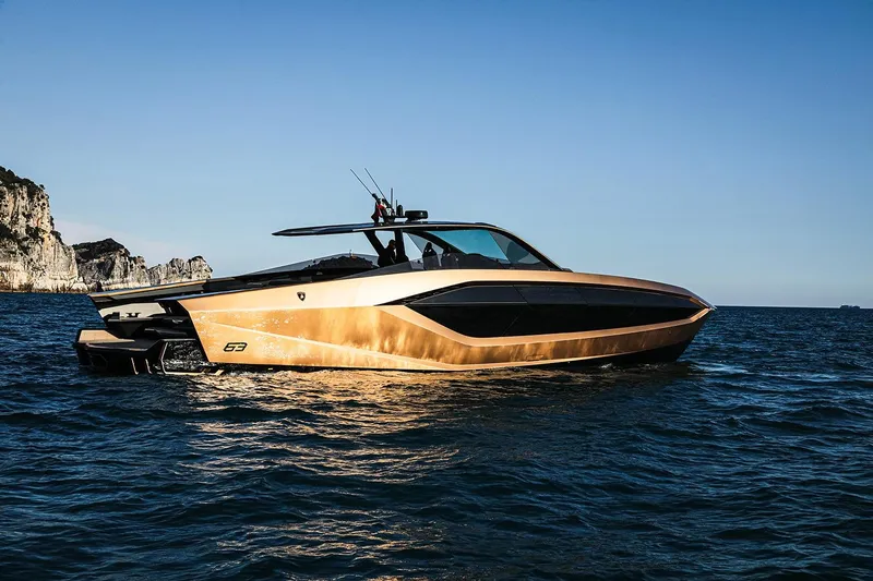  Yacht Photos Pics Luxury Tecnomar Lamborghini 63 yacht cruising on open sea, 2026 model.