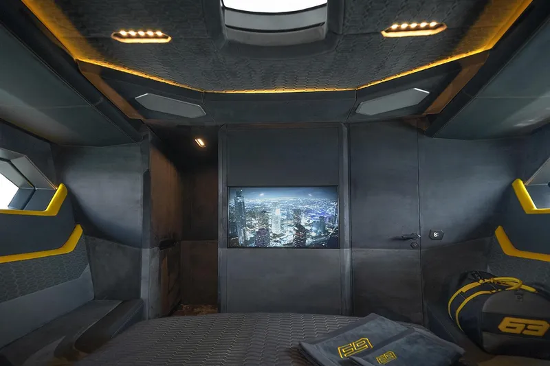  Yacht Photos Pics Luxurious interior of 2026 Tecnomar Lamborghini 63 yacht with modern design and cityscape view.