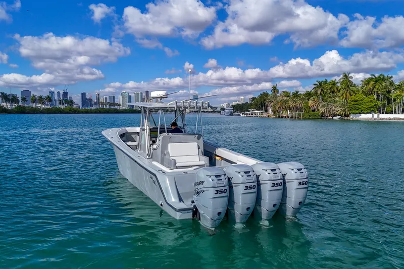 Yacht Photos Pics 2018 SeaVee 390Z boat with four Mercury 350 engines on a scenic waterway.