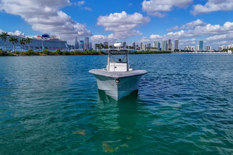  Yacht Photos Pics 2018 SeaVee 390Z boat on water with city skyline and cruise ship in background.