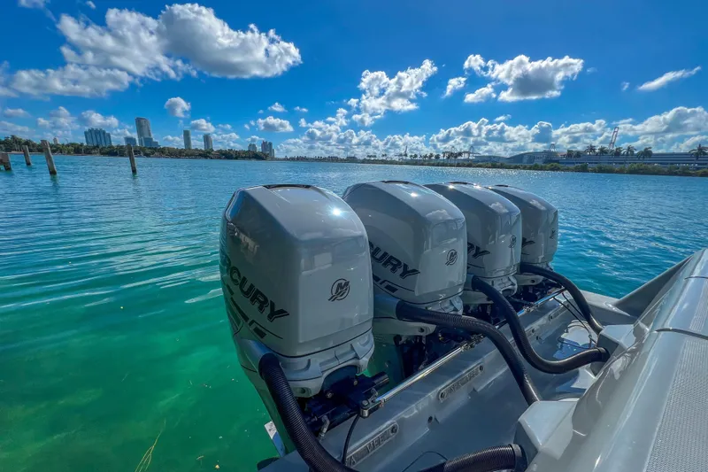  Yacht Photos Pics 2018 SeaVee 390Z boat with four Mercury engines on a sunny day.