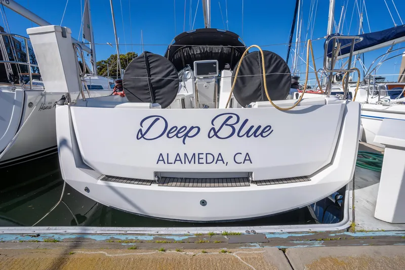 Deep Blue Yacht Photos Pics Jeanneau Sun Odyssey 389 sailboat named "Deep Blue" docked in Alameda, CA, 2020 model.