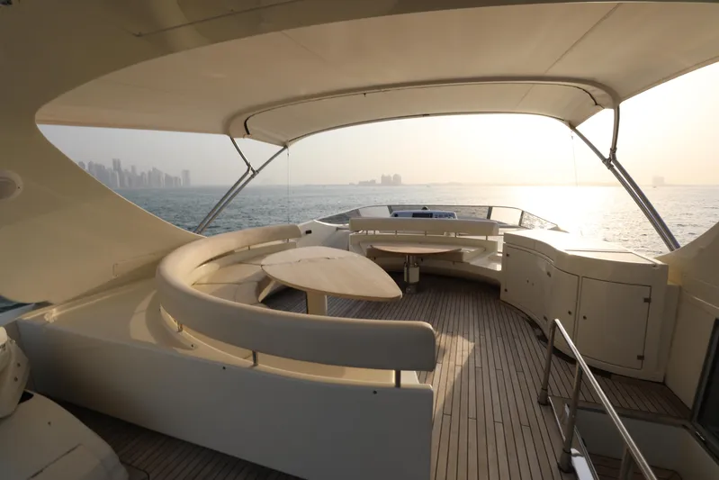  Yacht Photos Pics Luxurious 2008 Riva 85 Opera Super yacht deck with elegant seating and ocean view.