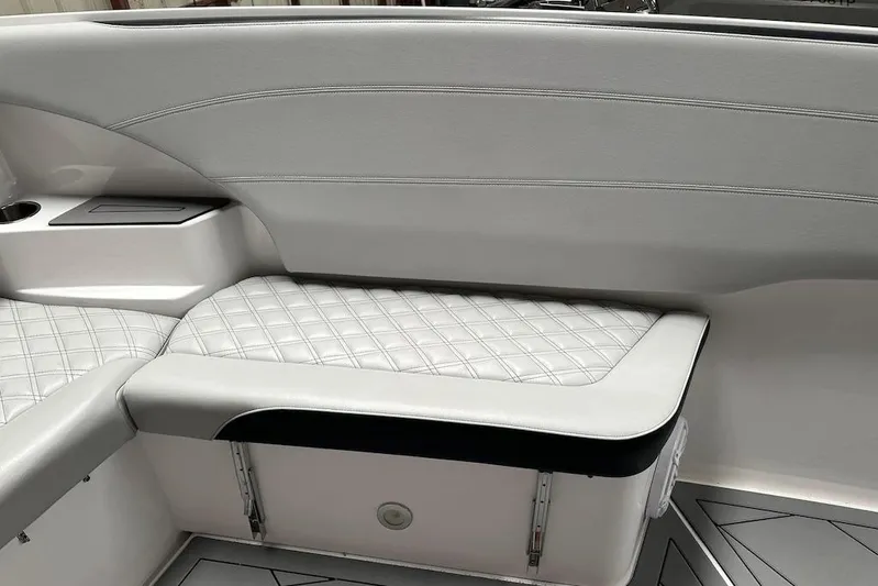  Yacht Photos Pics 2017 Nor-Tech 340 Sport Center Console interior with quilted seating and storage.