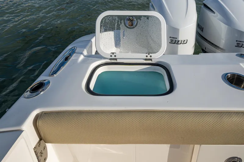  Yacht Photos Pics 2019 Pursuit DC 365 Dual Console boat with open livewell and twin Yamaha 300 engines.