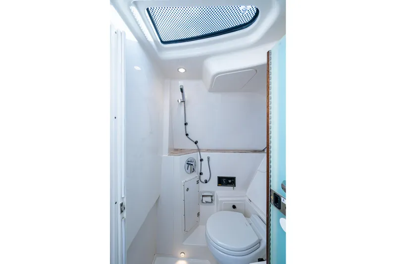 Yacht Photos Pics 2019 Pursuit DC 365 Dual Console boat bathroom with skylight and modern fixtures.