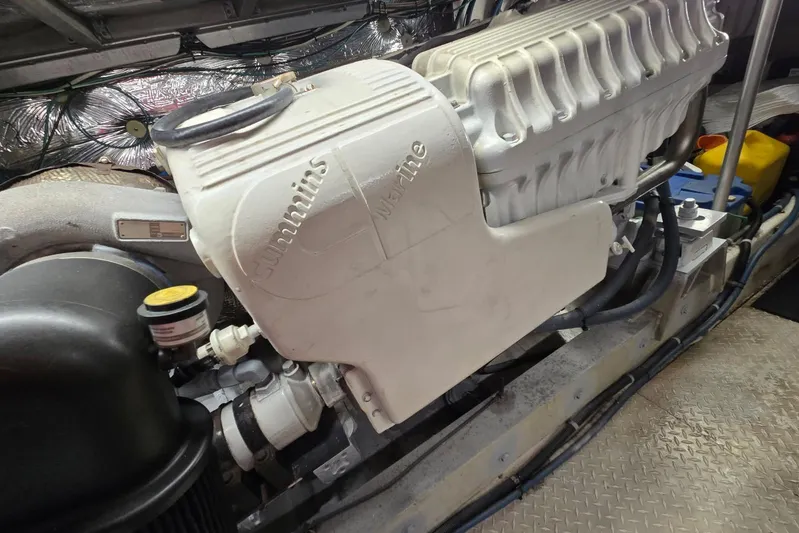  Yacht Photos Pics Cummins Marine engine in 1988 Topaz 44 Flybridge boat, detailed view.