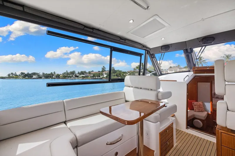 Mjm 42 For Sale Yacht Photos Pics Luxurious interior of 2024 MJM 42 yacht with scenic ocean view.