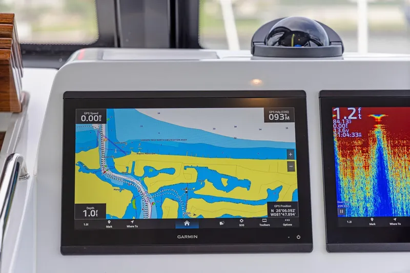 Mjm 42 For Sale Yacht Photos Pics Navigation display on 2024 MJM 42 boat showing GPS and sonar data.