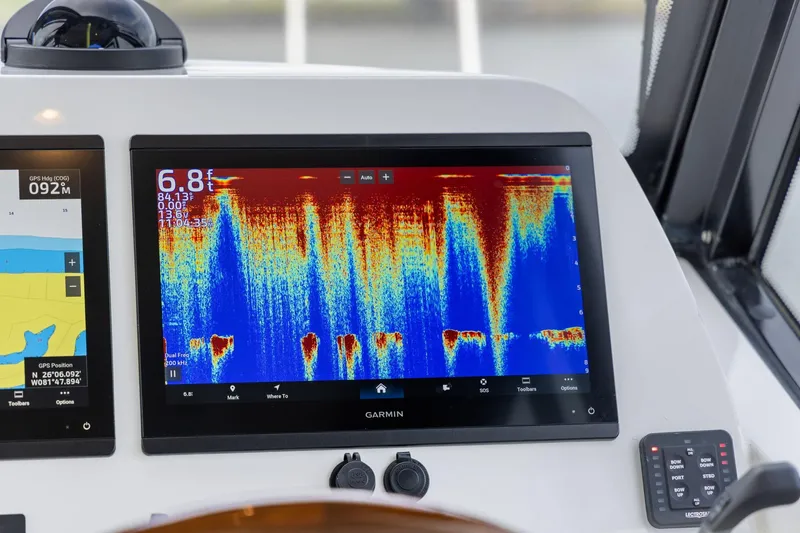 Mjm 42 For Sale Yacht Photos Pics Garmin marine display on 2024 MJM 42 boat showing sonar and navigation data.