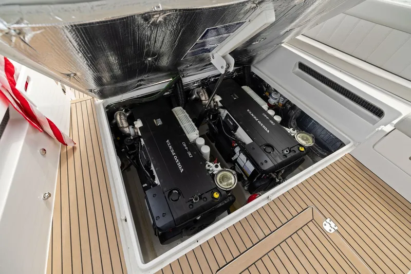 Mjm 42 For Sale Yacht Photos Pics 2024 MJM 42 yacht engine compartment with twin Volvo Penta engines.