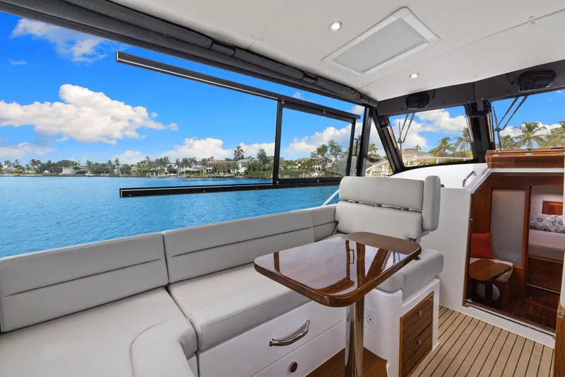 Mjm 42 For Sale Yacht Photos Pics Luxurious interior of 2024 MJM 42 yacht with scenic ocean view.