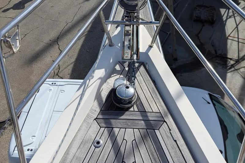 Muchacha De Abril Yacht Photos Pics Bow of 2017 X-Yachts Xc 45 with anchor chain and teak deck.