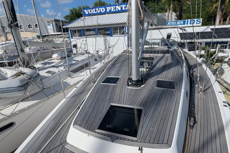 Muchacha De Abril Yacht Photos Pics 2017 X-Yachts Xc 45 sailboat docked at marina, showcasing sleek deck design.