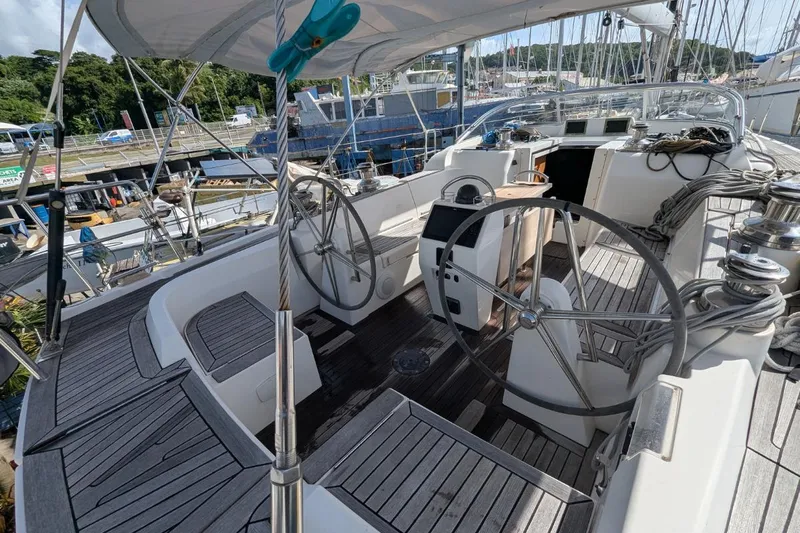 Muchacha De Abril Yacht Photos Pics 2017 X-Yachts Xc 45 sailboat cockpit with dual steering wheels and teak decking.