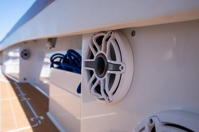  Yacht Photos Pics Close-up of speaker on 2022 Freeman 47 boat deck.