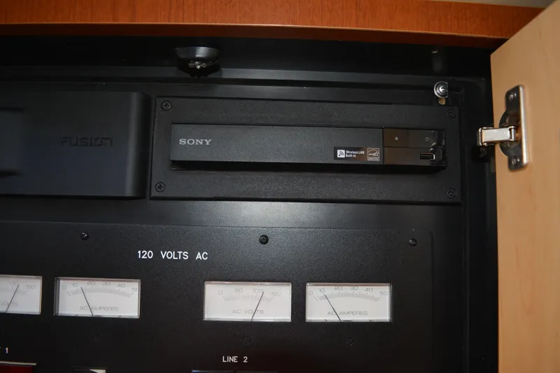 Knot On Call Yacht Photos Pics Electrical panel with Sony and Fusion components on a 2007 Sea Ray 44 Sundancer yacht.