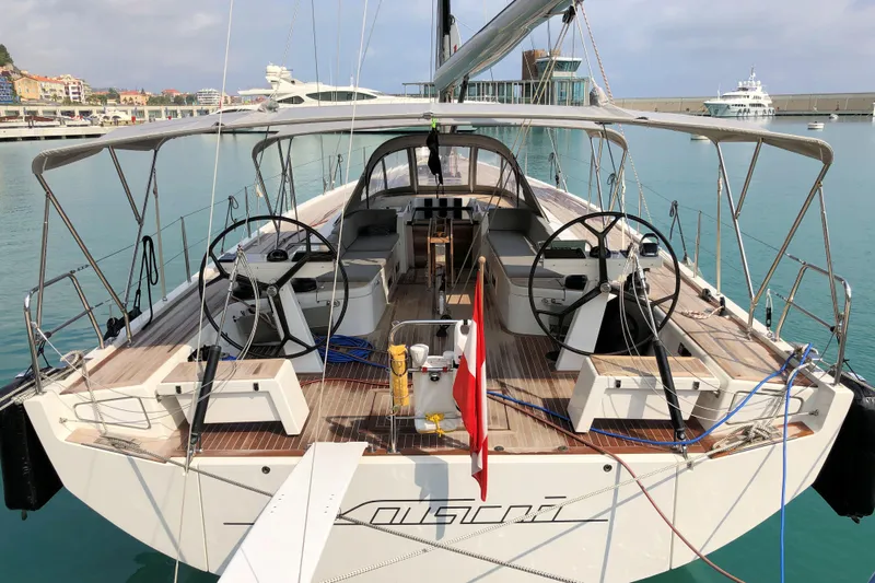 Nausicaä Yacht Photos Pics 2019 Solaris Yachts 55 sailboat docked in marina, featuring dual steering wheels and spacious deck.