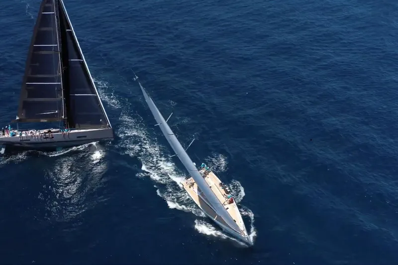 Nausicaä Yacht Photos Pics Aerial view of 2019 Solaris Yachts 55 sailing on open blue sea.