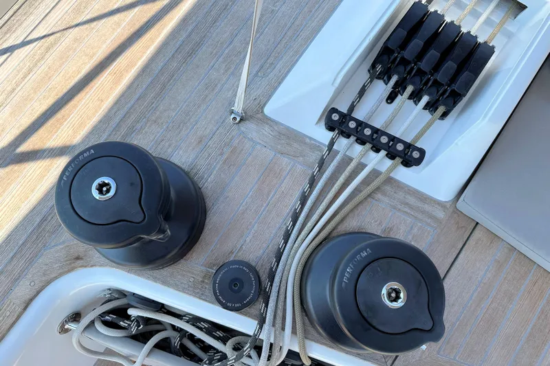 Nausicaä Yacht Photos Pics Deck equipment of 2019 Solaris Yachts 55, featuring winches and rope management system.