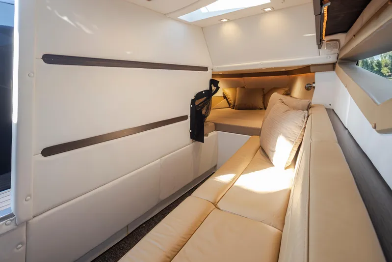 Rancho Agua Yacht Photos Pics Luxurious interior of 2021 Cobalt A36 boat with comfortable seating and modern design.