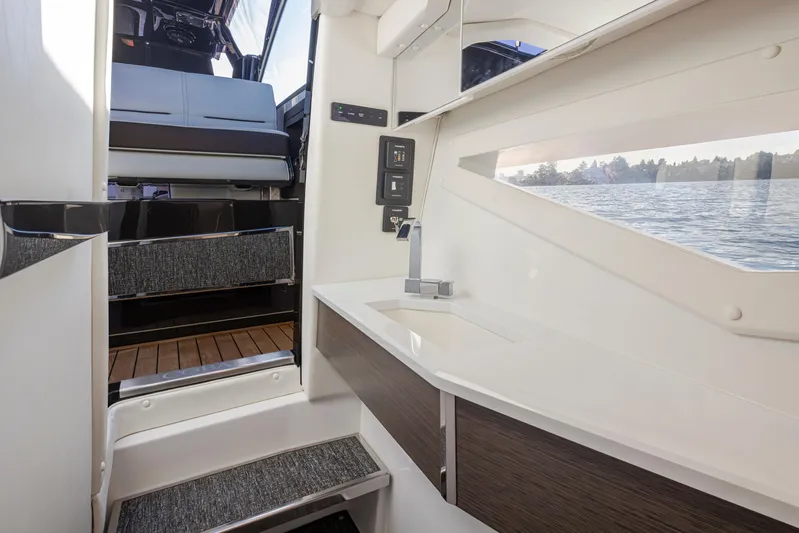 Rancho Agua Yacht Photos Pics Interior of 2021 Cobalt A36 boat with modern design and lake view.