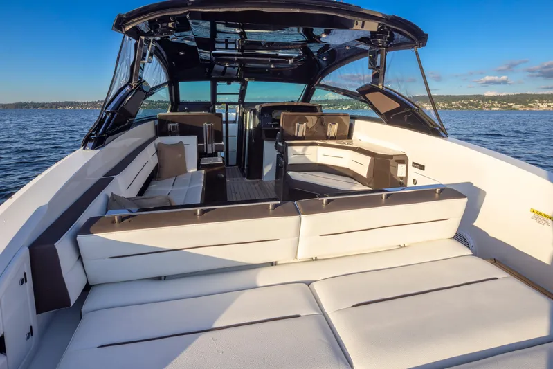 Rancho Agua Yacht Photos Pics 2021 Cobalt A36 boat with spacious seating on open water.