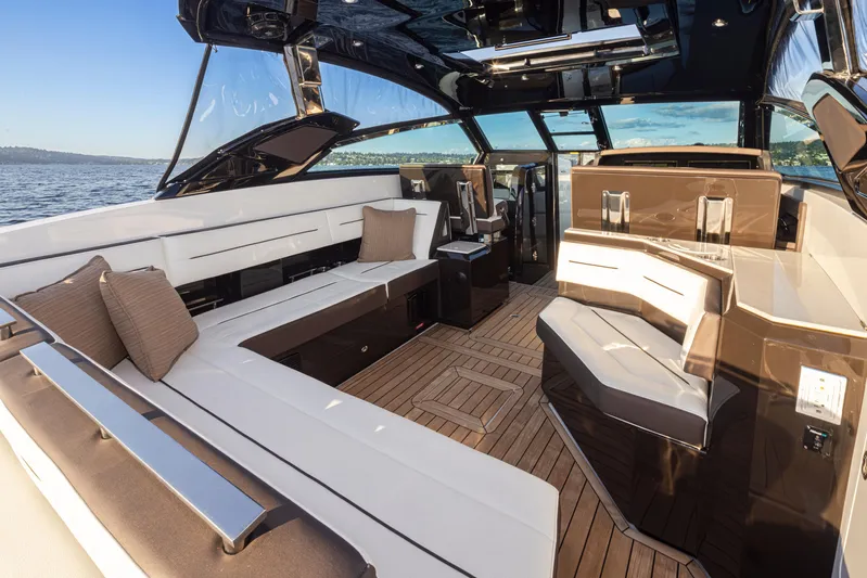 Rancho Agua Yacht Photos Pics Luxurious interior of a 2021 Cobalt A36 boat with spacious seating and elegant design.