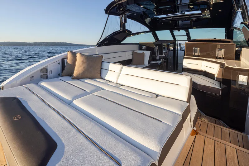Rancho Agua Yacht Photos Pics Luxurious 2021 Cobalt A36 boat interior with plush seating and scenic ocean view.