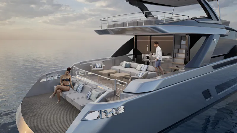 Filippetti F80 Yacht Photos Pics Luxury Filippetti F80 yacht 2027, featuring elegant deck with seating, ocean view.