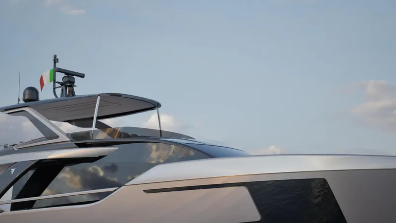 Filippetti F80 Yacht Photos Pics Luxury Filippetti F80 yacht, 2027 model, sleek design with Italian flag, against blue sky.