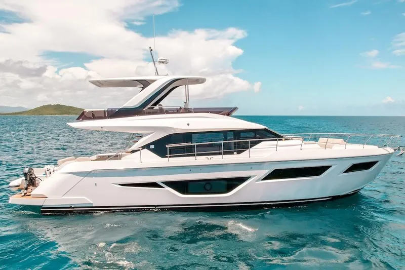 Macu Yacht Photos Pics 2024 Ferretti Yachts 580 cruising on clear blue ocean waters.