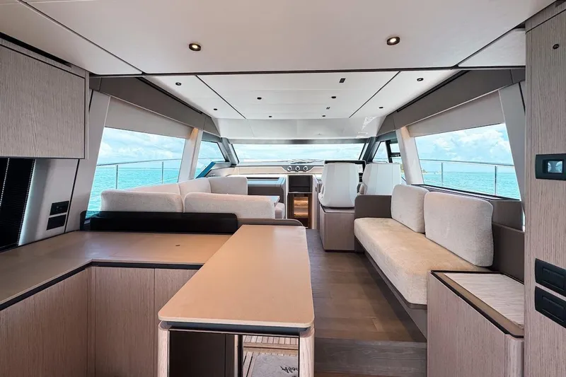 Macu Yacht Photos Pics Luxurious interior of 2024 Ferretti Yachts 580 with modern furnishings and ocean view.