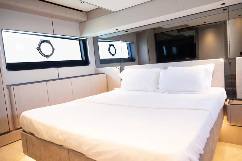 Macu Yacht Photos Pics Luxurious bedroom interior of 2024 Ferretti Yachts 580 with modern design and large windows.
