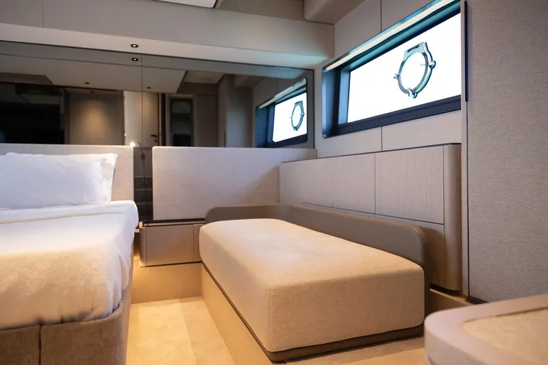 Macu Yacht Photos Pics Luxurious interior of 2024 Ferretti Yachts 580, featuring elegant seating and modern design.