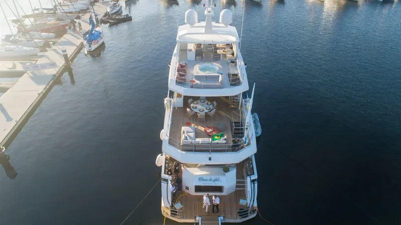  Yacht Photos Pics Aerial view of 2027 Inace Explora 90 yacht docked at marina.