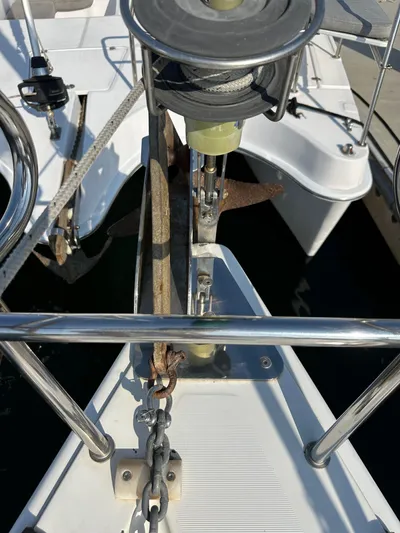 Shamrock Yacht Photos Pics Bow of 2011 Beneteau Oceanis 40 sailboat with anchor and chain visible.