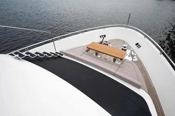 Ryen - Sl106/637 Yacht Photos Pics Sanlorenzo SL106 2017 yacht bow with seating and table on calm water.