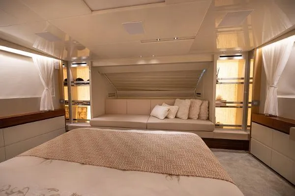 Ryen - Sl106/637 Yacht Photos Pics Luxurious bedroom interior of 2017 Sanlorenzo SL106 yacht with elegant decor and cozy seating.