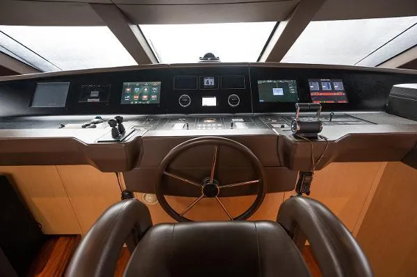Ryen - Sl106/637 Yacht Photos Pics 2017 Sanlorenzo SL106 yacht helm with modern navigation controls and sleek design.