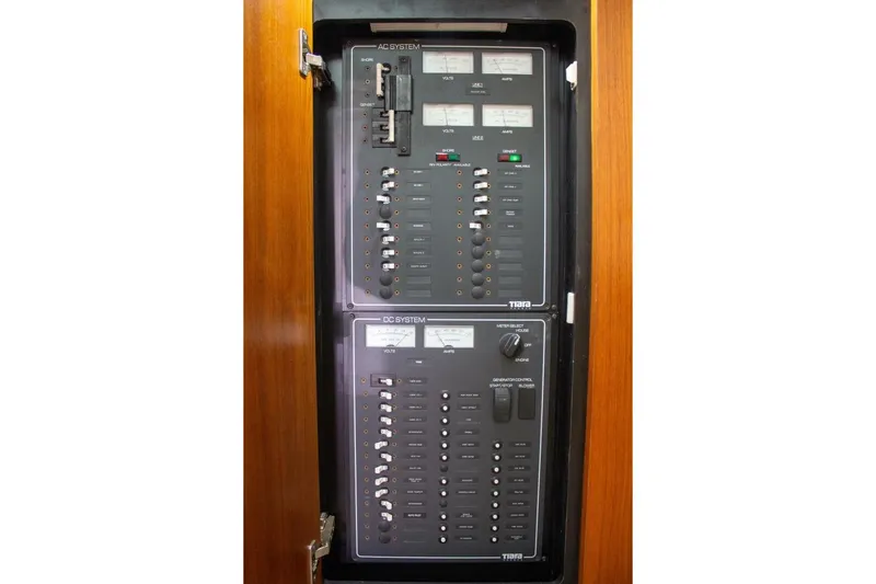  Yacht Photos Pics Electrical panel of a 2007 Tiara 3900 Sovran boat, featuring AC and DC systems.