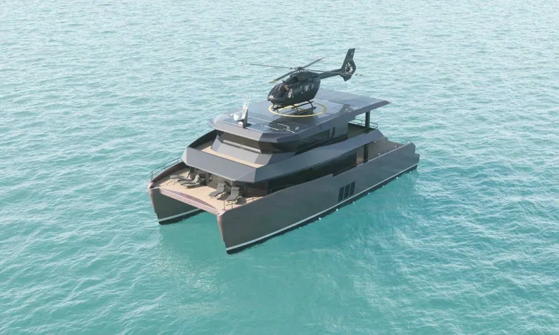  Yacht Photos Pics Luxury Archipelago A-80 Expedition yacht with helicopter on deck, 2025 model, in serene waters.