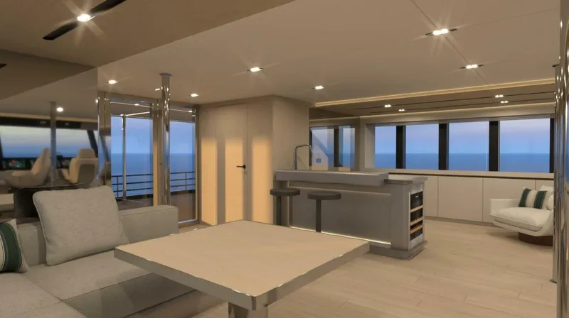  Yacht Photos Pics Luxurious interior of 2025 Archipelago A-80 Expedition yacht with modern furnishings and ocean view.
