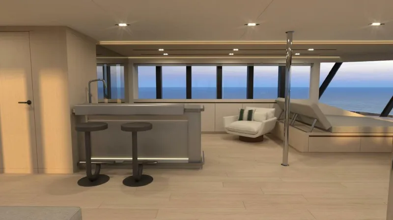  Yacht Photos Pics Luxurious interior of 2025 Archipelago A-80 Expedition yacht with modern bar and ocean view.