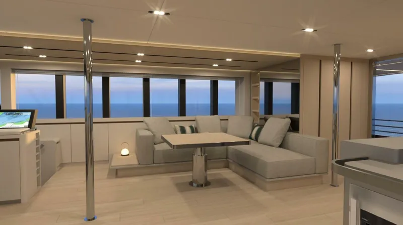  Yacht Photos Pics Luxurious interior of 2025 Archipelago A-80 Expedition yacht with ocean view windows.