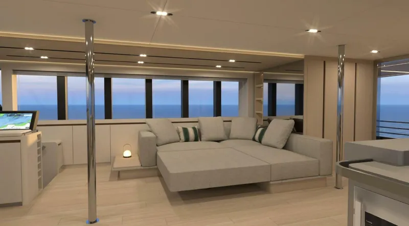  Yacht Photos Pics Luxurious interior of 2025 Archipelago A-80 Expedition yacht with modern seating and ocean view.