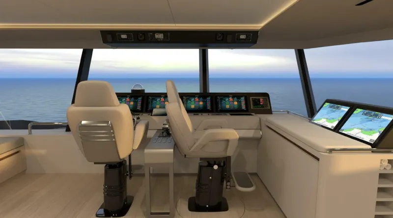  Yacht Photos Pics Modern cockpit of 2025 Archipelago A-80 Expedition yacht with advanced navigation systems.